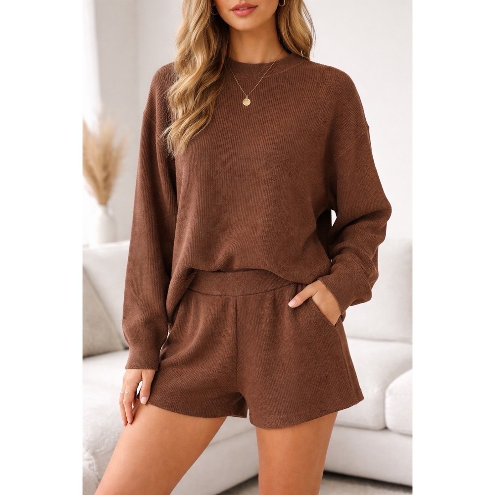 NWT Zenana Brown Knit‎ 2- Piece Lounge Set Oversized Sweater Shorts MMo